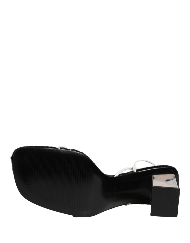 Dolce & Gabbana Silver Black Leather Block Heels Sandals