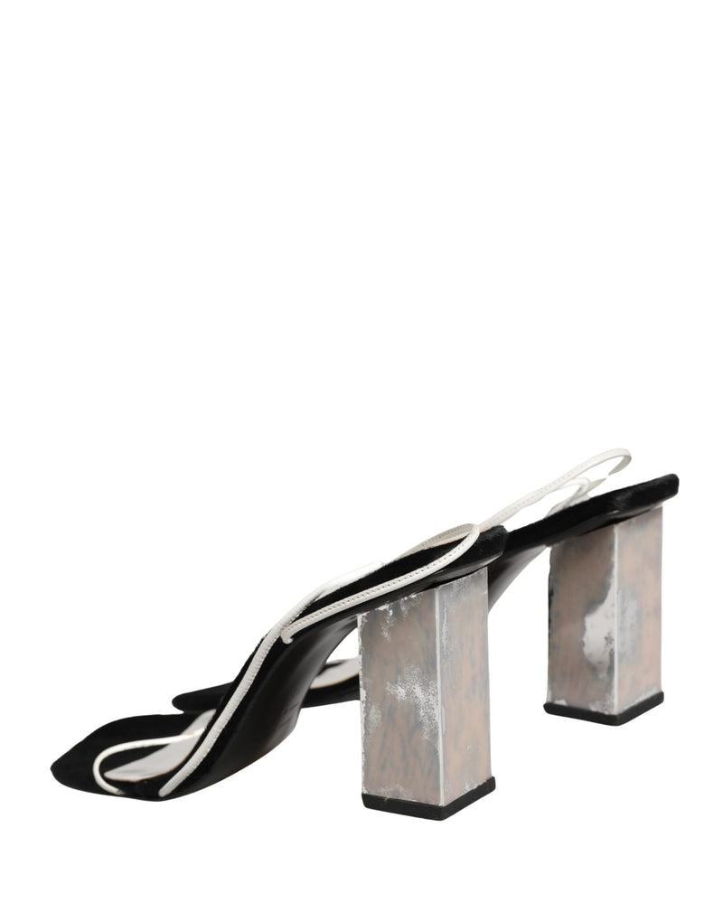 Dolce & Gabbana Silver Black Leather Block Heels Sandals