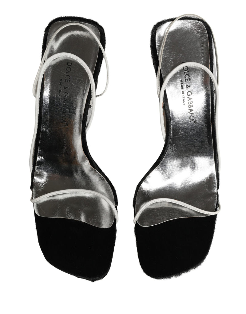 Dolce & Gabbana Silver Black Leather Block Heels Sandals