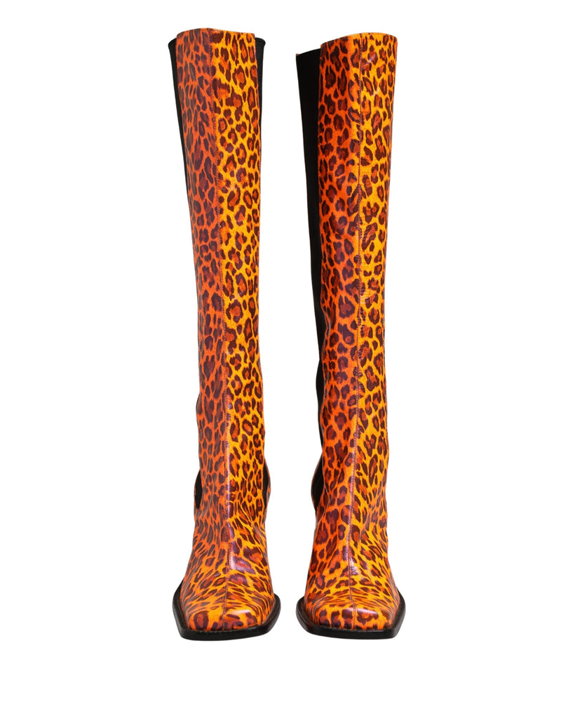 Dolce & Gabbana Brown Leopard Leather Knee High Boots