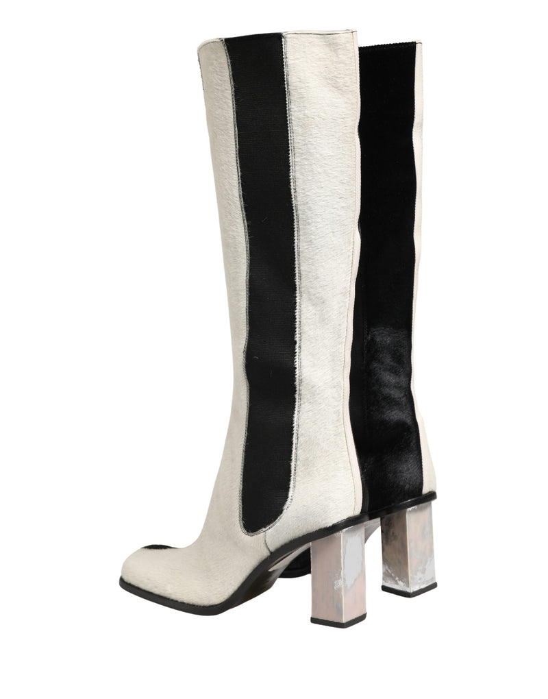 Dolce & Gabbana White Black Leather Knee High Boots