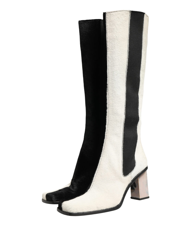 Dolce & Gabbana White Black Leather Knee High Boots