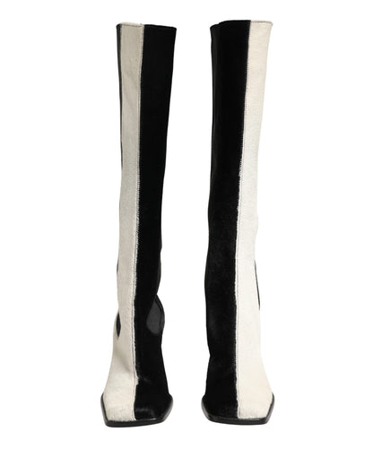 Dolce & Gabbana White Black Leather Knee High Boots Shoes