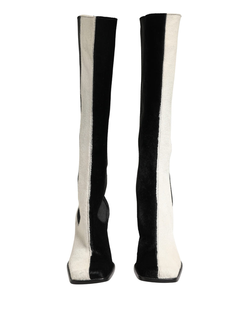 Dolce & Gabbana White Black Leather Knee High Boots