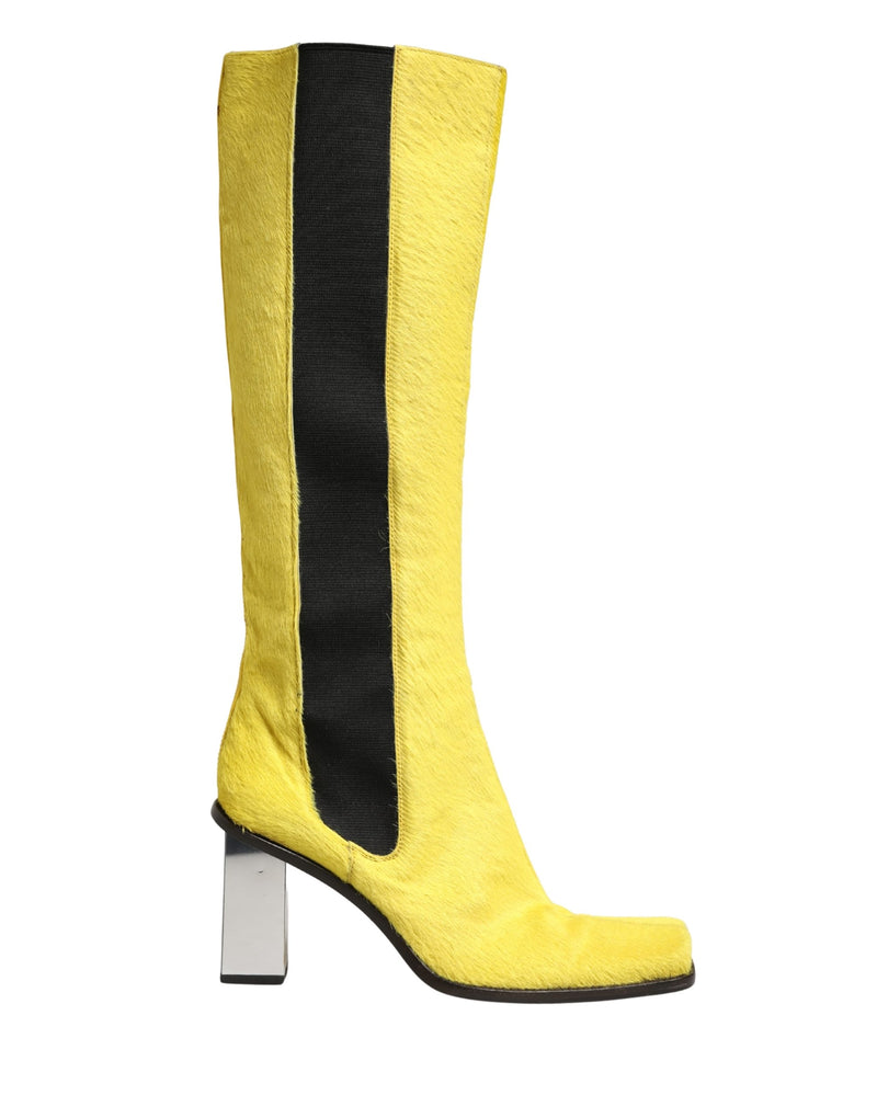 Dolce & Gabbana Yellow Black Leather Knee High Boots