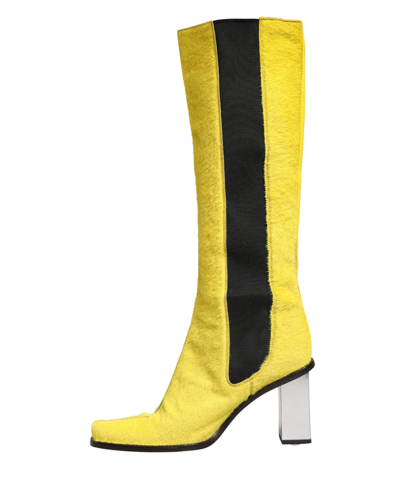 Dolce & Gabbana Yellow Black Leather Knee High Boots