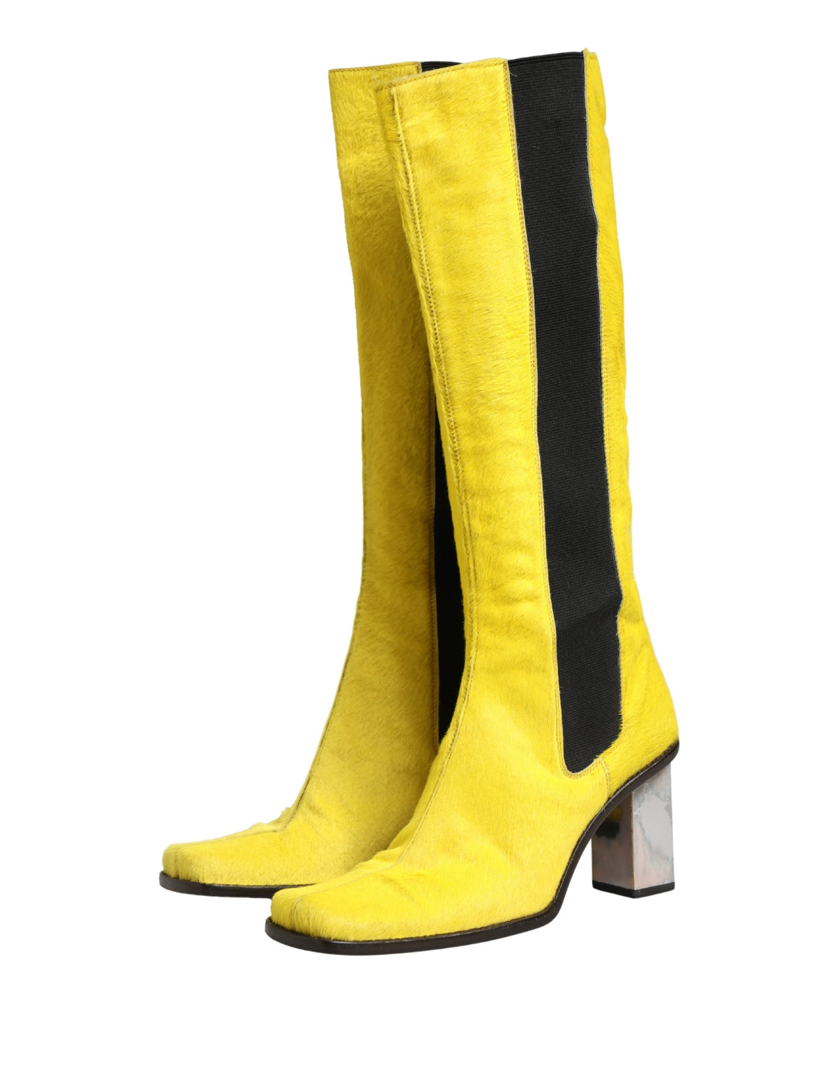 Dolce & Gabbana Yellow Black Leather Knee High Boots