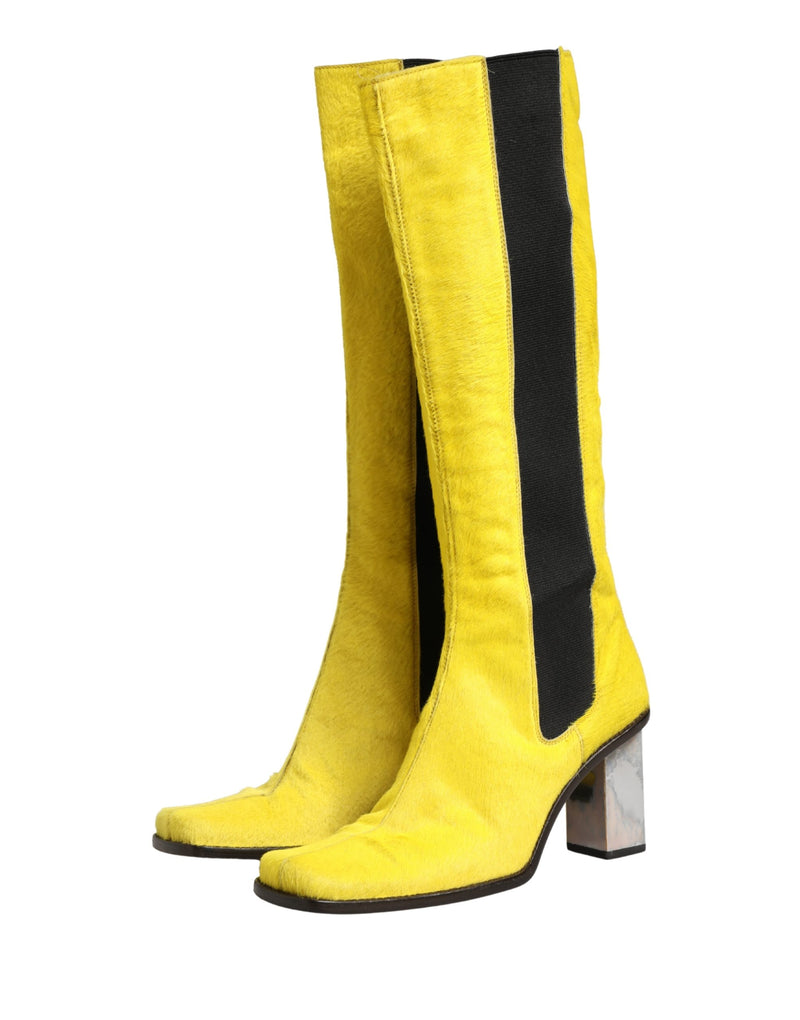 Dolce & Gabbana Yellow Black Leather Knee High Boots