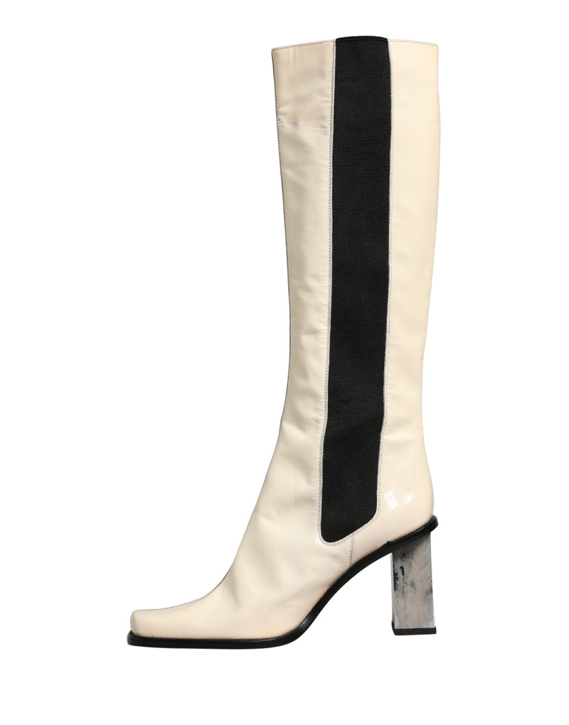 Dolce & Gabbana Black White Leather Knee High Boots