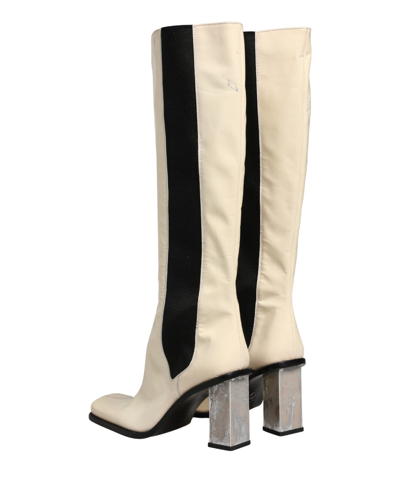Dolce & Gabbana Black White Leather Knee High Boots