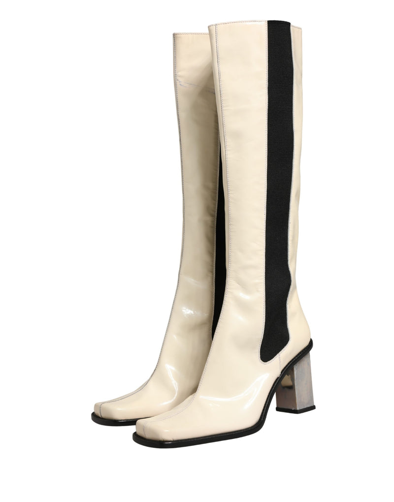 Dolce & Gabbana Black White Leather Knee High Boots