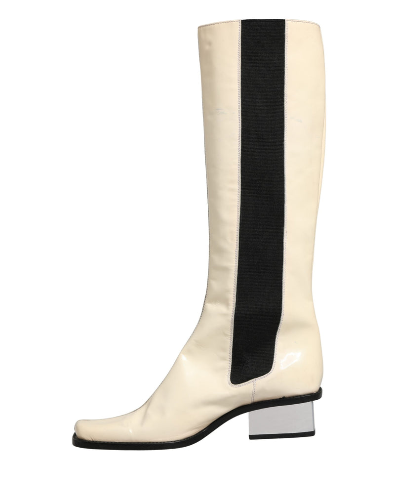 Dolce & Gabbana White Black Leather Knee High Boots