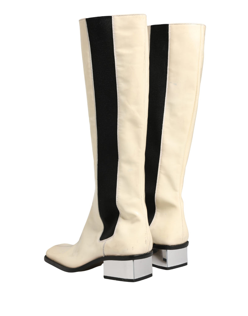 Dolce & Gabbana White Black Leather Knee High Boots