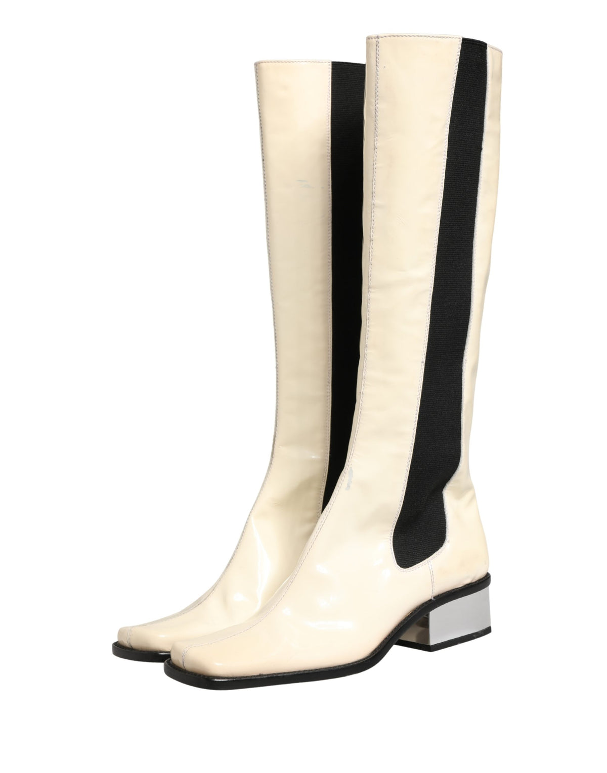 Dolce & Gabbana White Black Leather Knee High Boots
