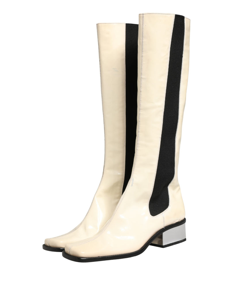 Dolce & Gabbana White Black Leather Knee High Boots