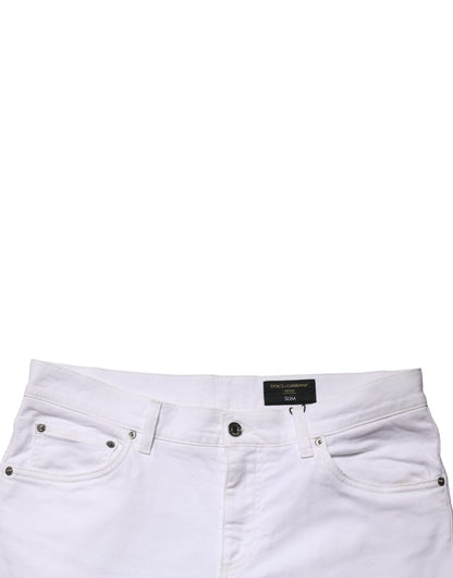 Jean Slim Fit Homme Dolce & Gabbana en Denim Effiloché de Coton Blanc