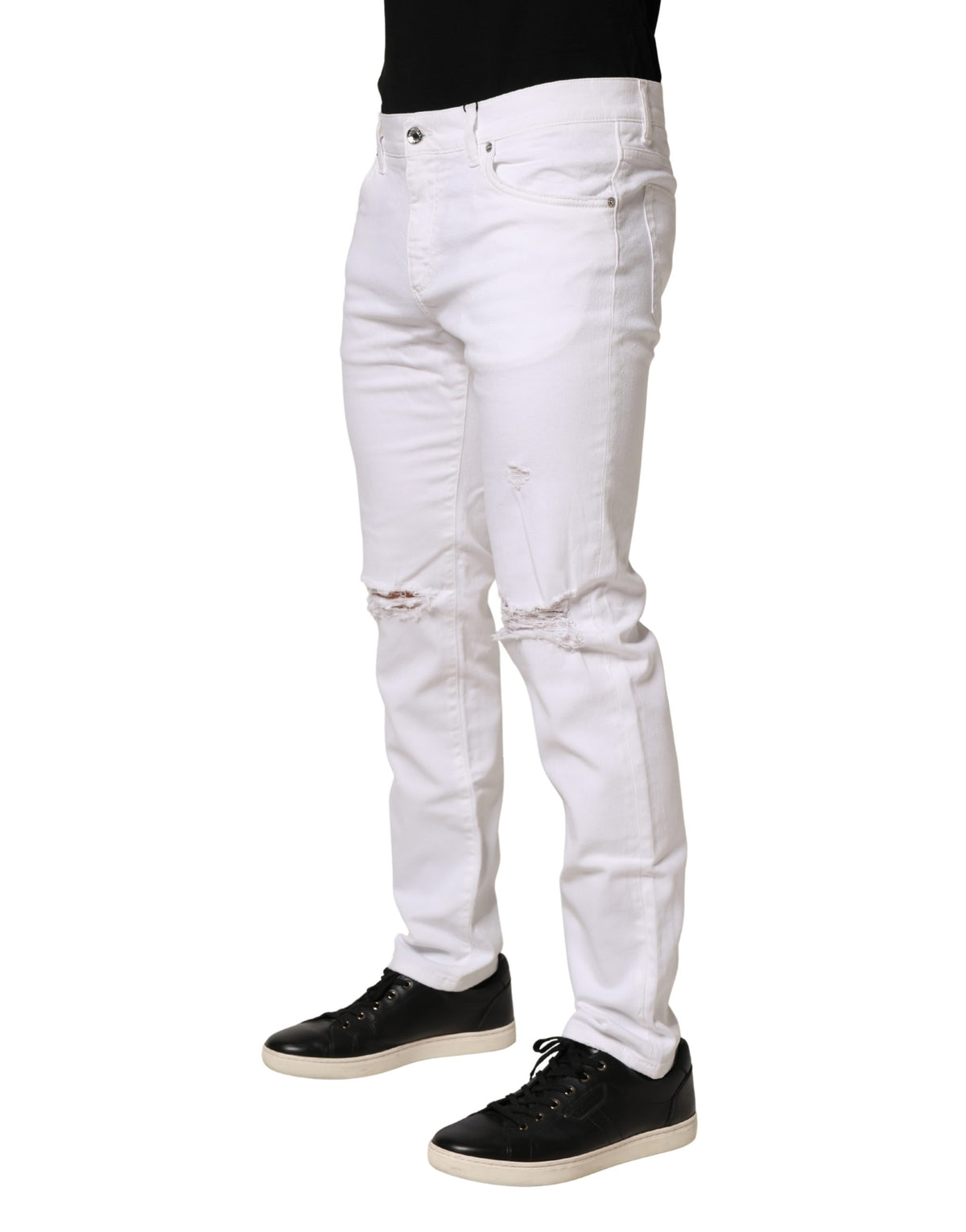 Jean Slim Fit Homme Dolce & Gabbana en Denim Effiloché de Coton Blanc