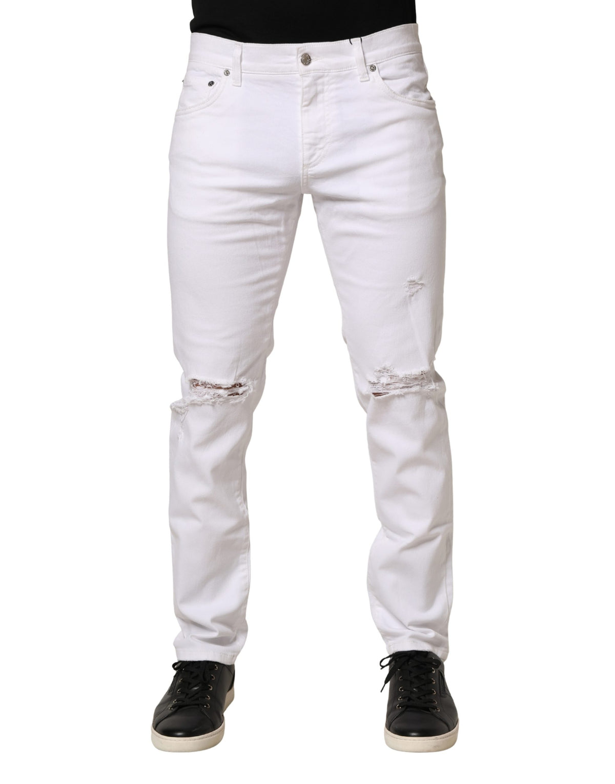 Jean Slim Fit Homme Dolce & Gabbana en Denim Effiloché de Coton Blanc