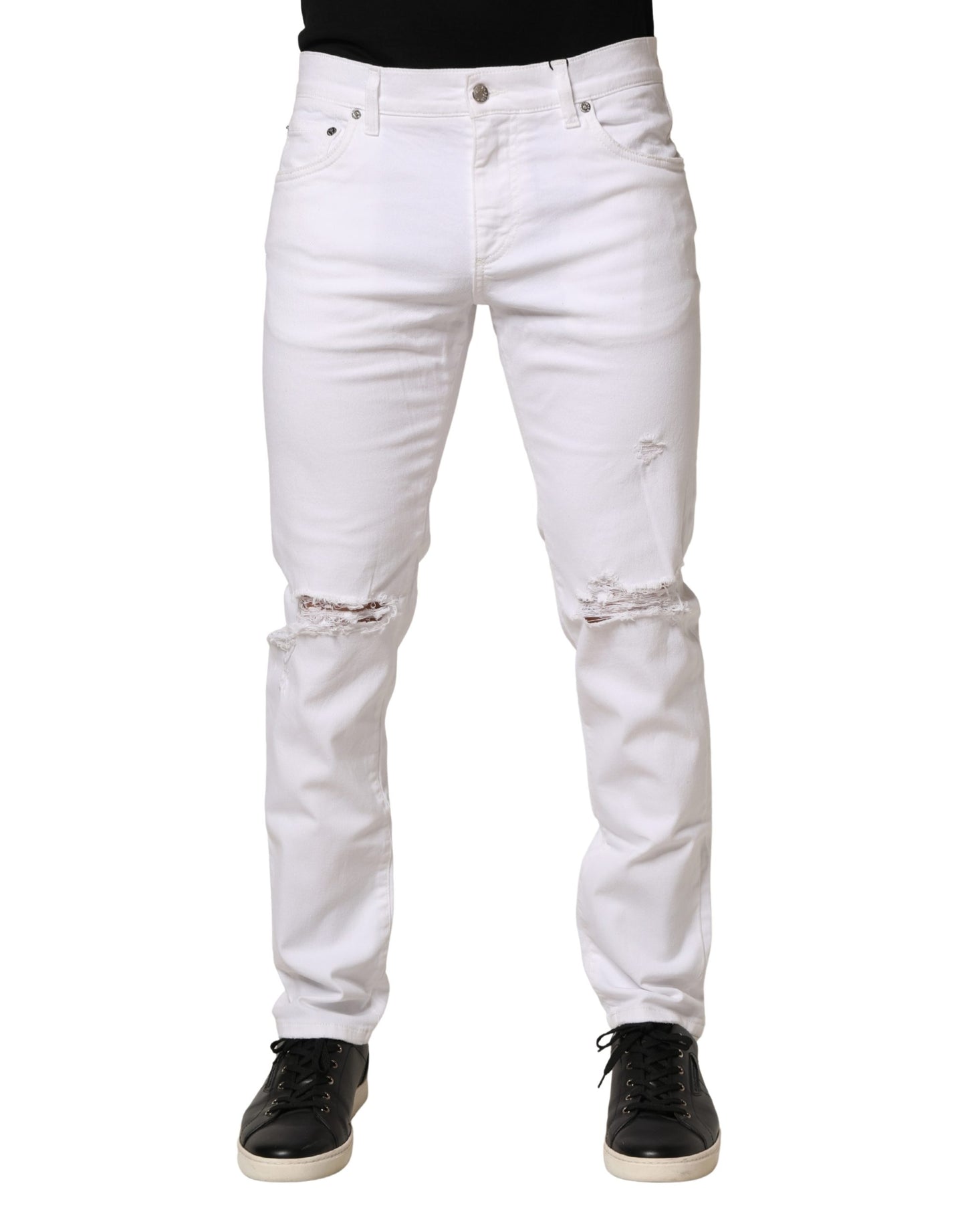 Jean Slim Fit Homme Dolce & Gabbana en Denim Effiloché de Coton Blanc