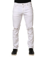 Jean Slim Fit Homme Dolce & Gabbana en Denim Effiloché de Coton Blanc