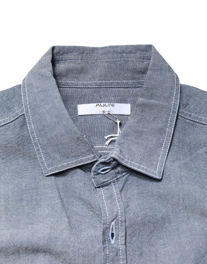 AGLINI Dark Blue Slim Fit Collared Long Sleeve Denim Shirt