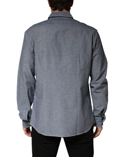 AGLINI Dark Blue Slim Fit Collared Long Sleeve Denim Shirt