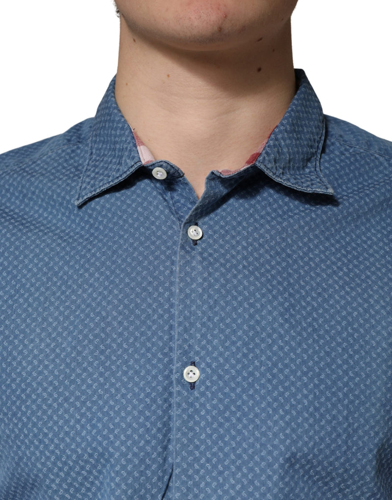 AGLINI Blue Cotton Slim Fit Collared Long Sleeve Casual Shirt