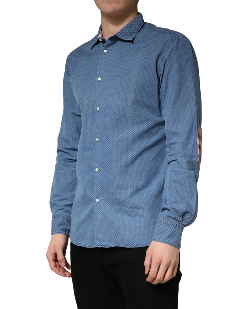 AGLINI Blue Cotton Slim Fit Collared Long Sleeve Casual Shirt