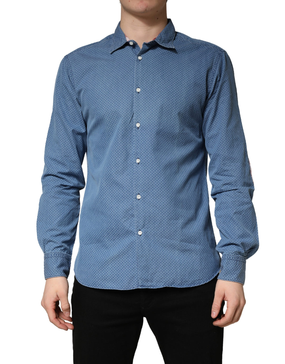 AGLINI Blue Cotton Slim Fit Collared Long Sleeve Casual Shirt
