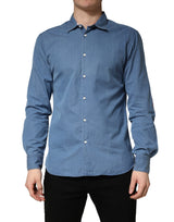 AGLINI Blue Cotton Slim Fit Collared Long Sleeve Casual Shirt