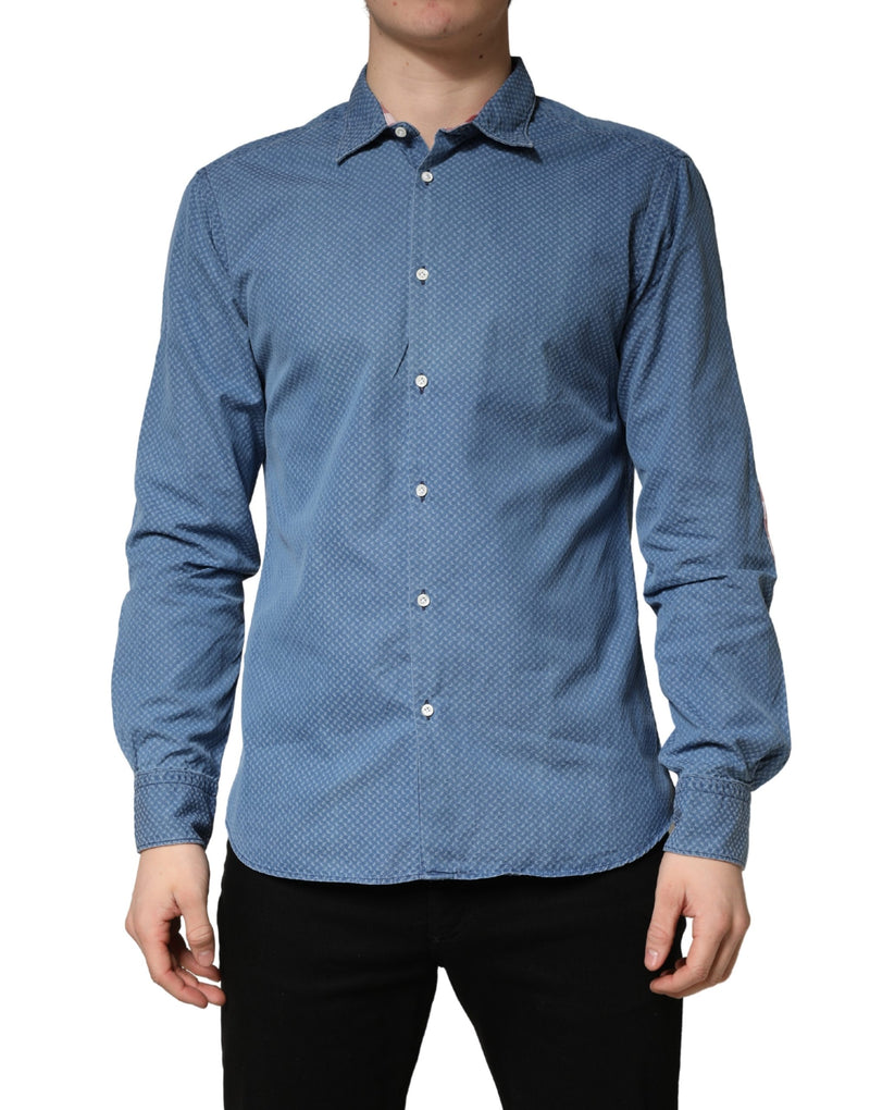 AGLINI Blue Cotton Slim Fit Collared Long Sleeve Casual Shirt