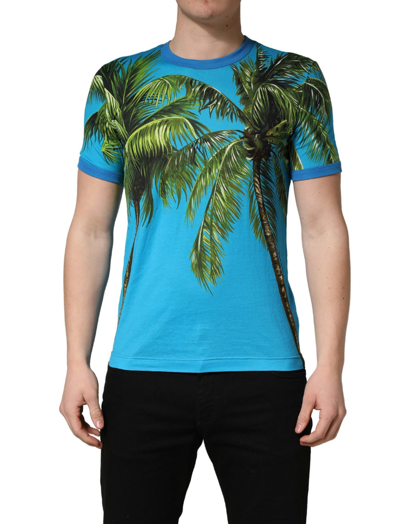 T-shirt col rond en coton imprimé palmier bleu Dolce & Gabbana
