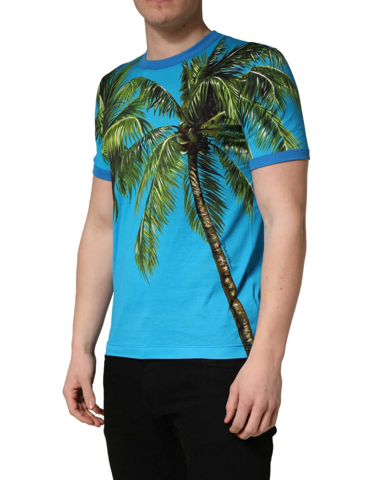 T-shirt col rond en coton imprimé palmier bleu Dolce & Gabbana