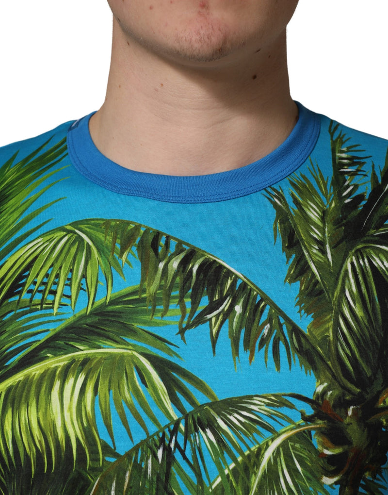 T-shirt col rond en coton imprimé palmier bleu Dolce & Gabbana