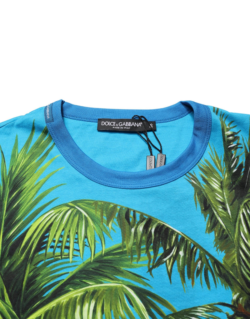 T-shirt col rond en coton imprimé palmier bleu Dolce & Gabbana