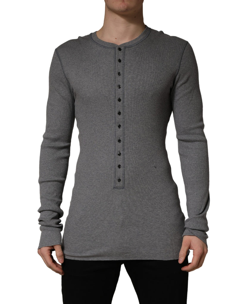 Dolce & Gabbana Grijs Geribbeld Katoenen Henley T-shirt met Lange Mouwen