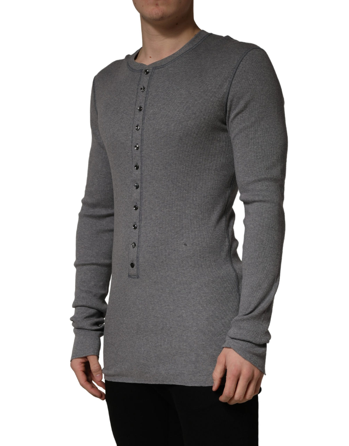 T-shirt Henley à manches longues en coton côtelé gris Dolce & Gabbana