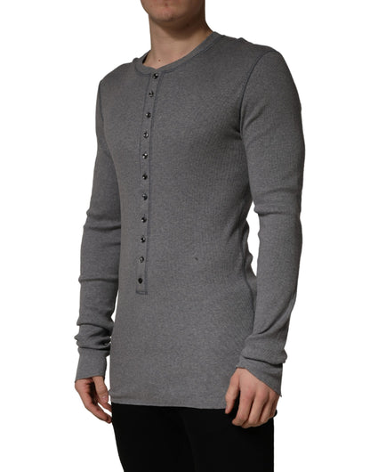 Dolce & Gabbana Grijs Geribbeld Katoenen Henley T-shirt met Lange Mouwen