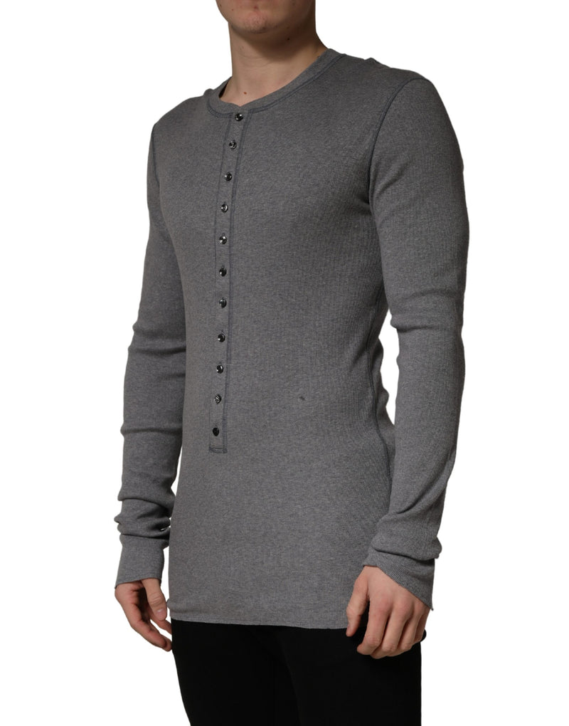 Dolce & Gabbana Grijs Geribbeld Katoenen Henley T-shirt met Lange Mouwen