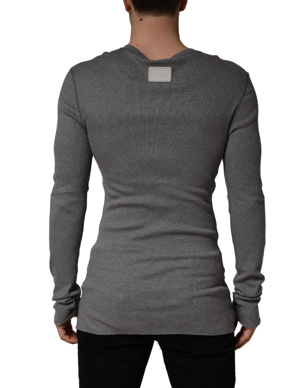 T-shirt Henley à manches longues en coton côtelé gris Dolce & Gabbana
