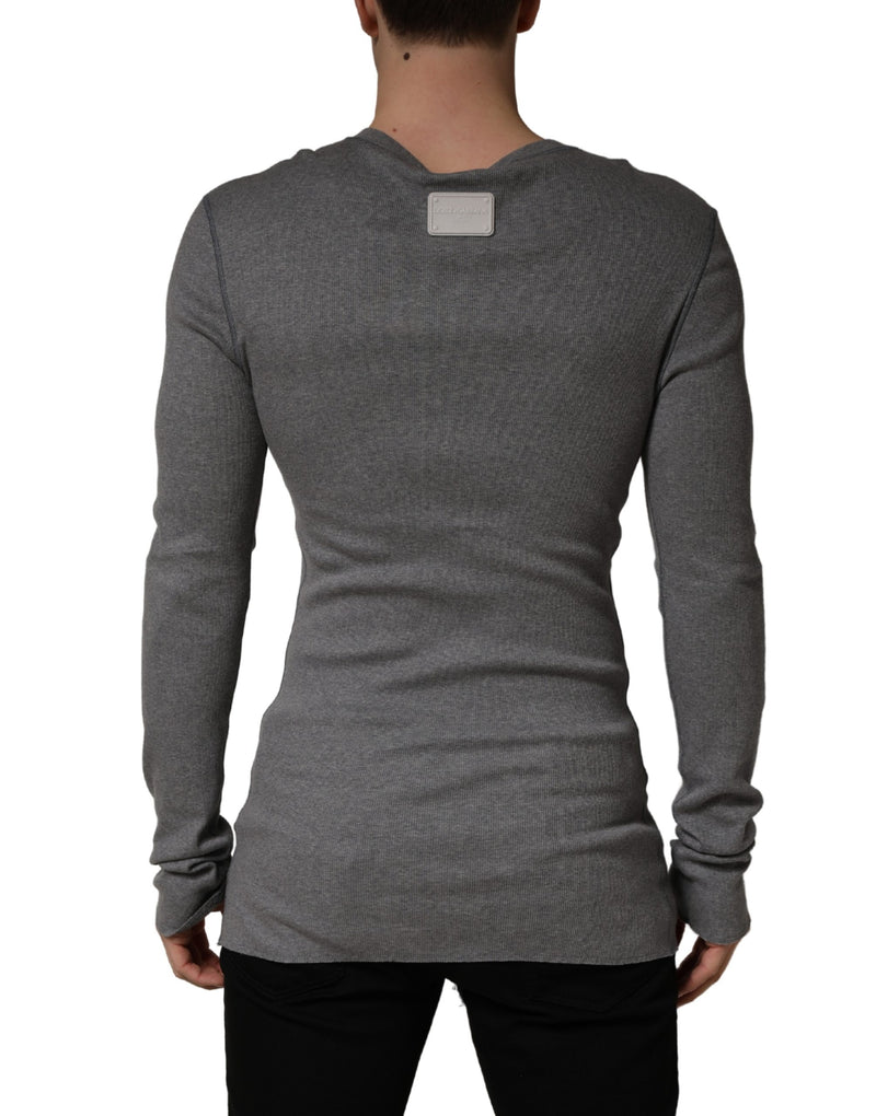 Dolce & Gabbana Grijs Geribbeld Katoenen Henley T-shirt met Lange Mouwen