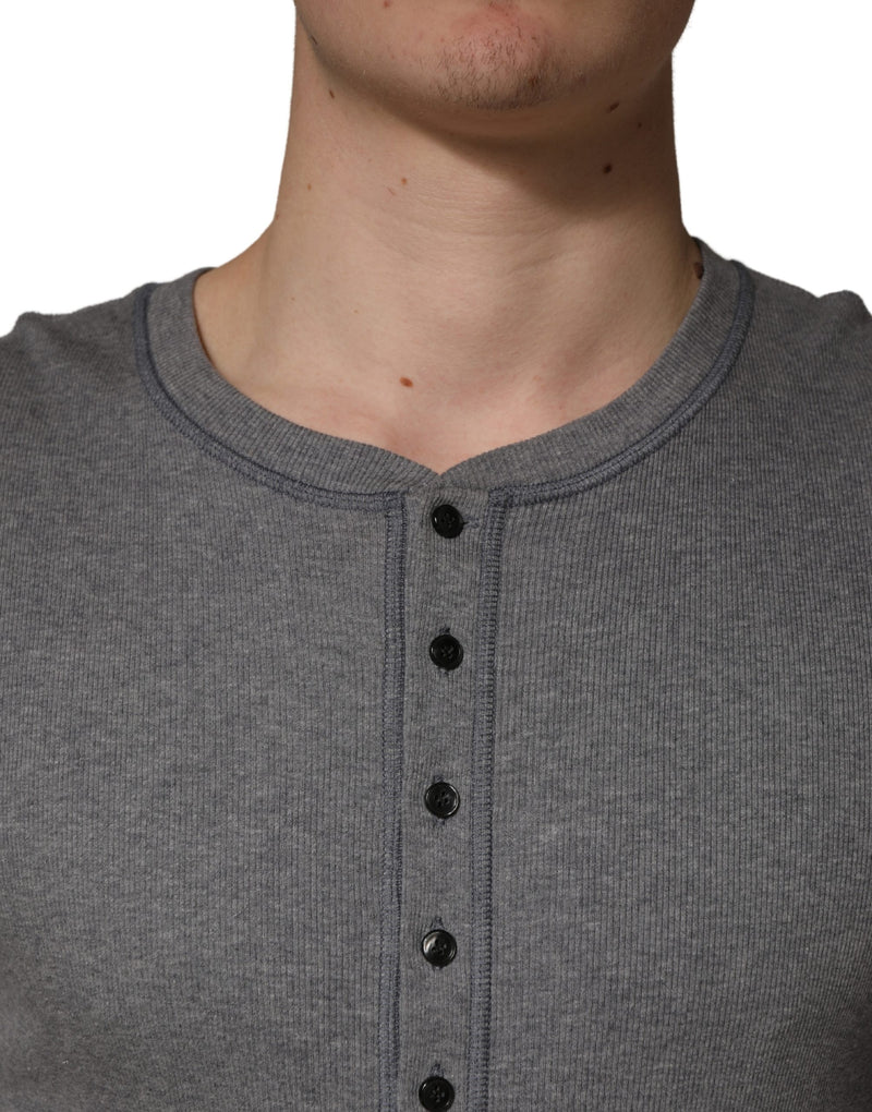Dolce & Gabbana Grijs Geribbeld Katoenen Henley T-shirt met Lange Mouwen