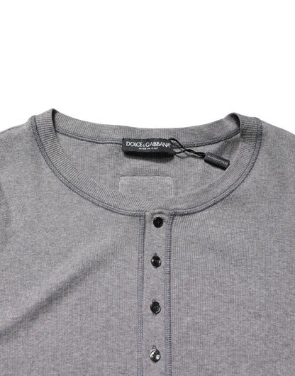 Dolce & Gabbana Grijs Geribbeld Katoenen Henley T-shirt met Lange Mouwen