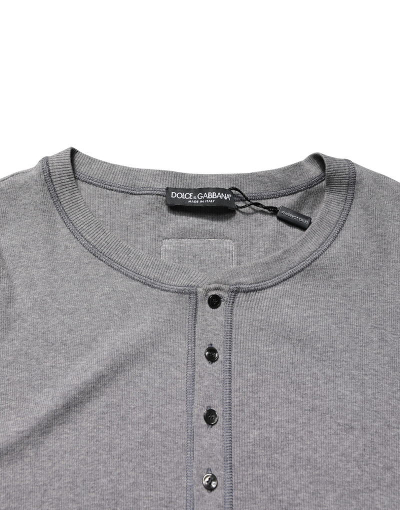 Dolce & Gabbana Grijs Geribbeld Katoenen Henley T-shirt met Lange Mouwen