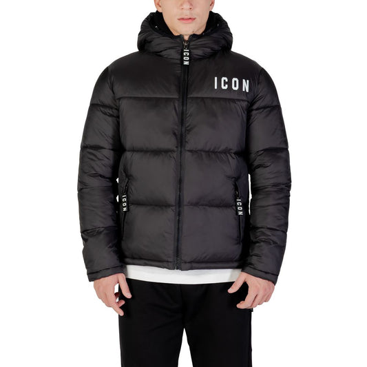 Icon Black Polyester Puffer Coat for Men