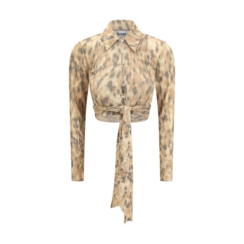 Ganni Beige Recycled Polyester Blouse - Printed Marl Mesh Tie