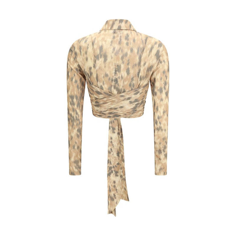 Ganni Beige Recycled Polyester Blouse - Printed Marl Mesh Tie