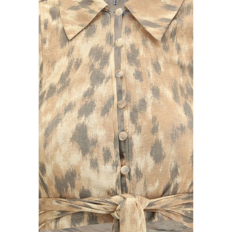 Ganni Beige Recycled Polyester Blouse - Printed Marl Mesh Tie
