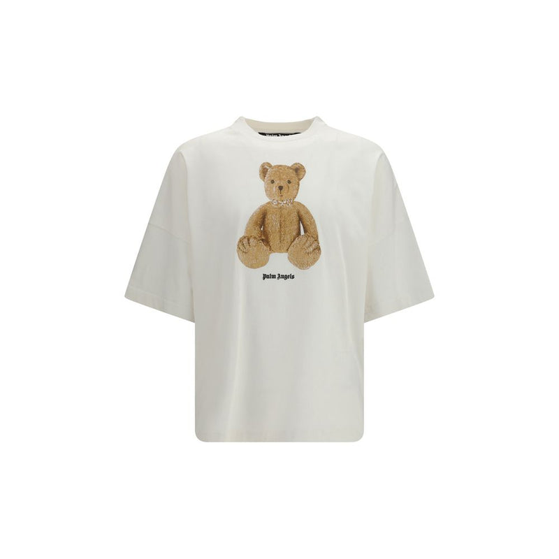 Palm Angels White Cotton T-Shirt with Bear Print