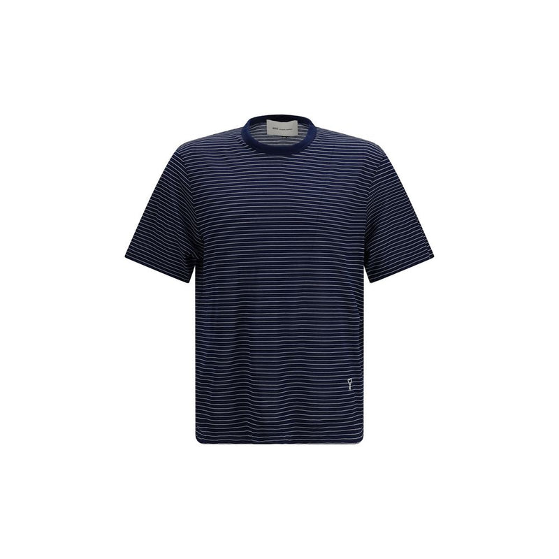 Ami Paris Blue Striped Cotton T-Shirt for Men